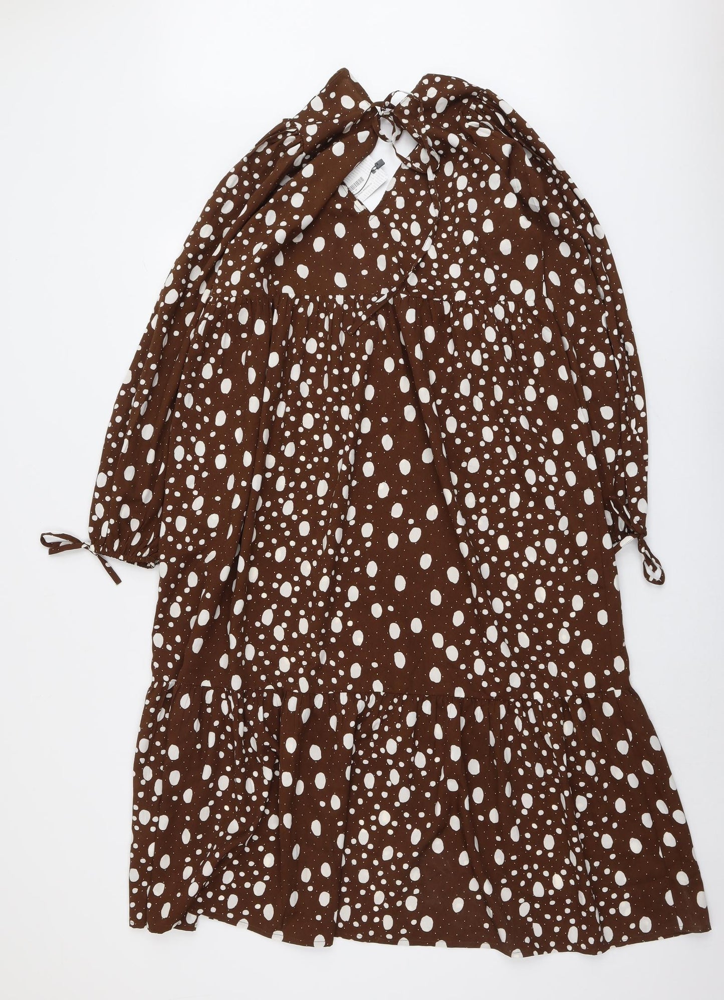 Boohoo Womens Brown Polka Dot Polyester A-Line Size 10 V-Neck Pullover