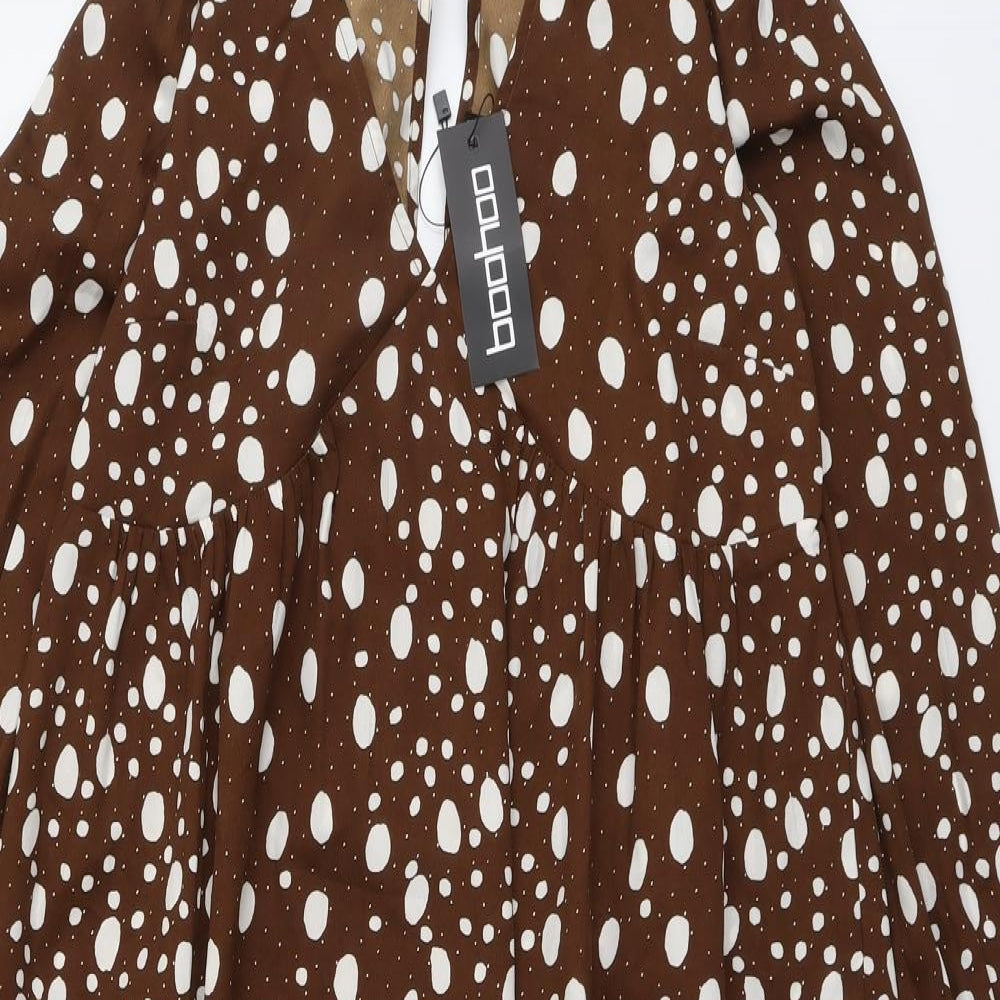Boohoo Womens Brown Polka Dot Polyester A-Line Size 10 V-Neck Pullover