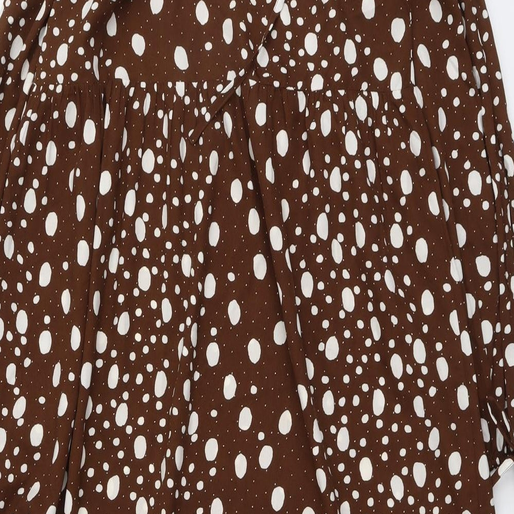 Boohoo Womens Brown Polka Dot Polyester A-Line Size 10 V-Neck Pullover