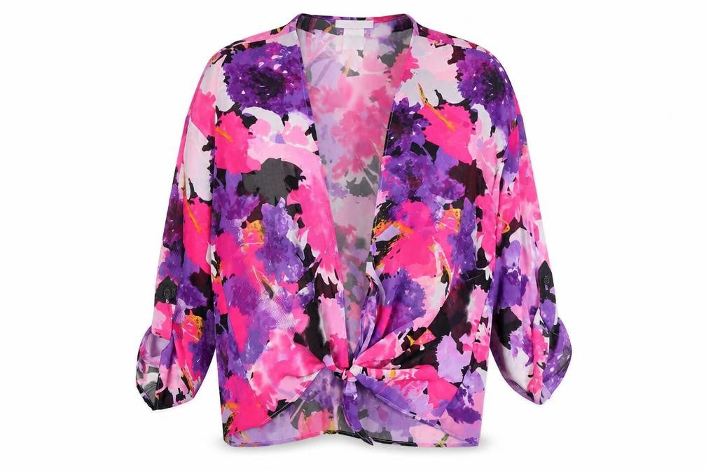 Front view of Annalee + Hope women’s multicoloured floral polyester basic blouse, size M, v-neck - knot front
