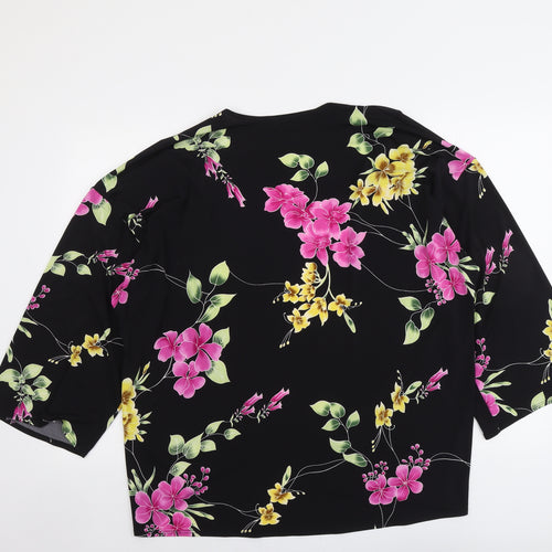 Attitudes Womens Black Floral Polyester Kimono Blouse Size M V-Neck
