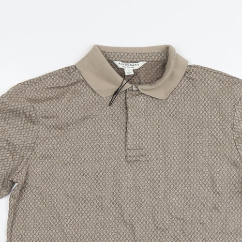 Marks and Spencer Mens Beige Geometric Cotton Polo Size S Collared Button