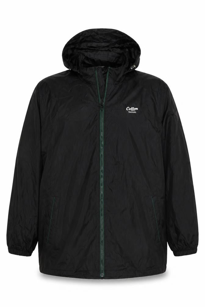 Front view of Cotton Traders men’s black rain coat coat size 2xs zip