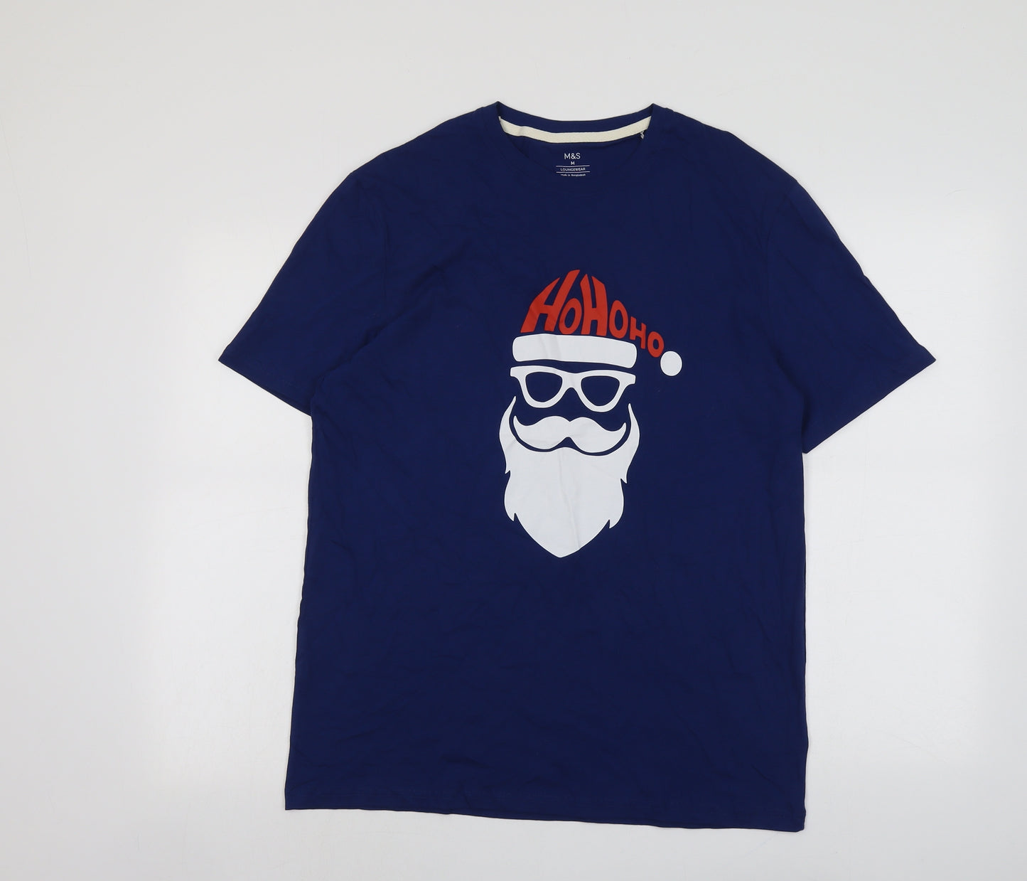 Marks and Spencer Mens Blue Cotton T-Shirt Size M Round Neck - Father Christmas Ho Ho Ho