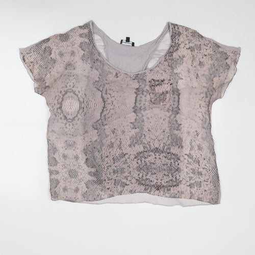 Warehouse Womens Grey Geometric Silk Basic T-Shirt Size 12 Scoop Neck