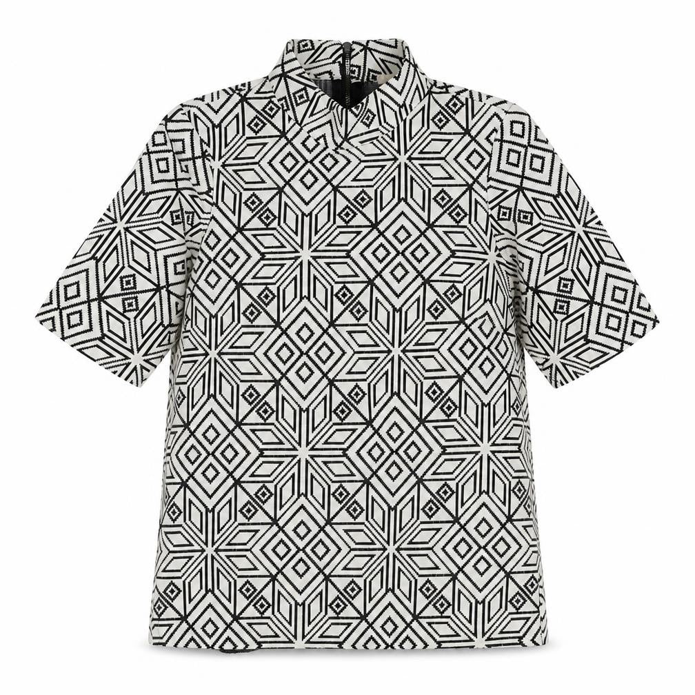 Front view of H&M women’s white geometric cotton basic t-shirt, size UK 4, high neck
