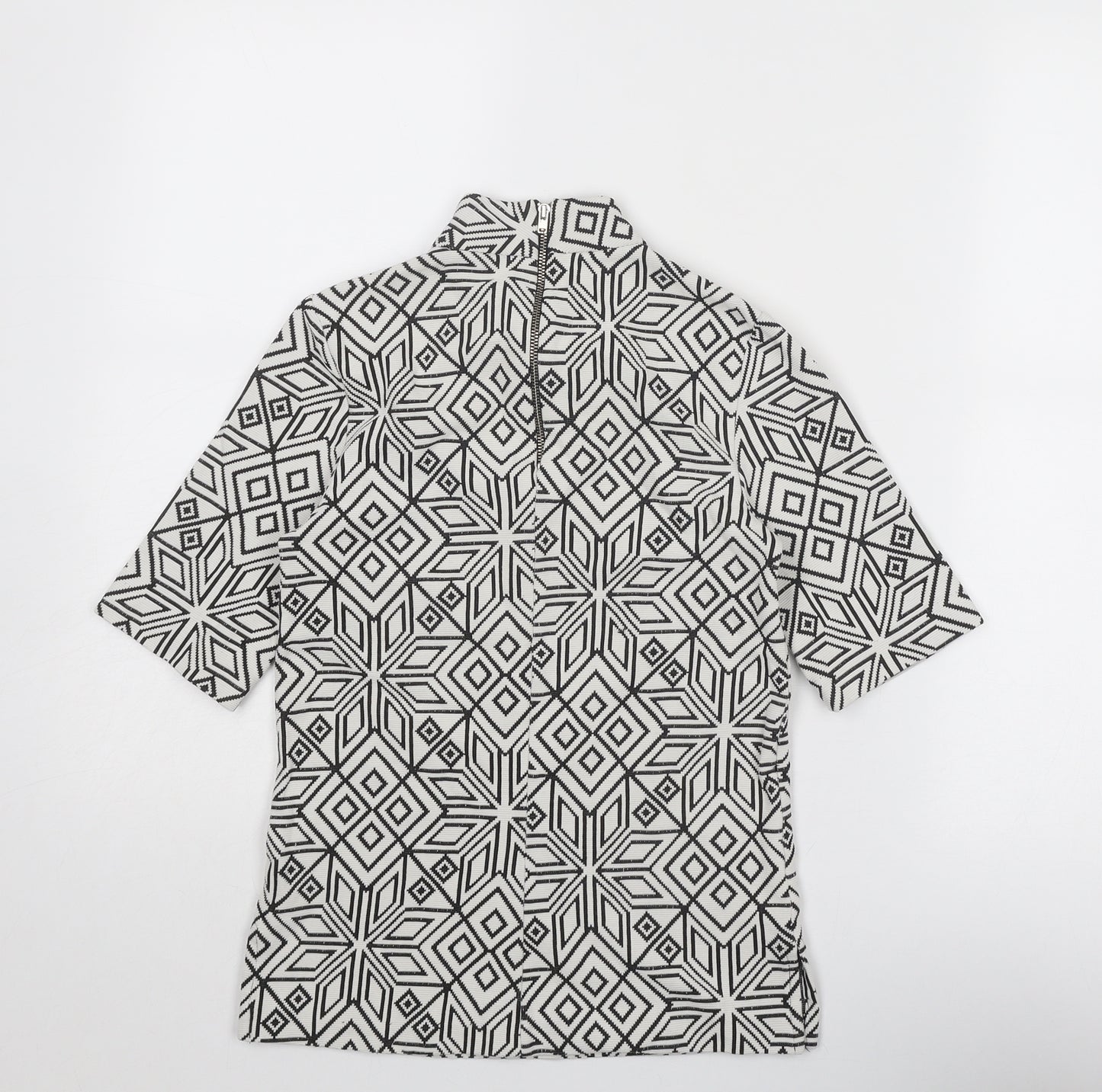 H&M Womens White Geometric Cotton Basic T-Shirt Size 4 High Neck