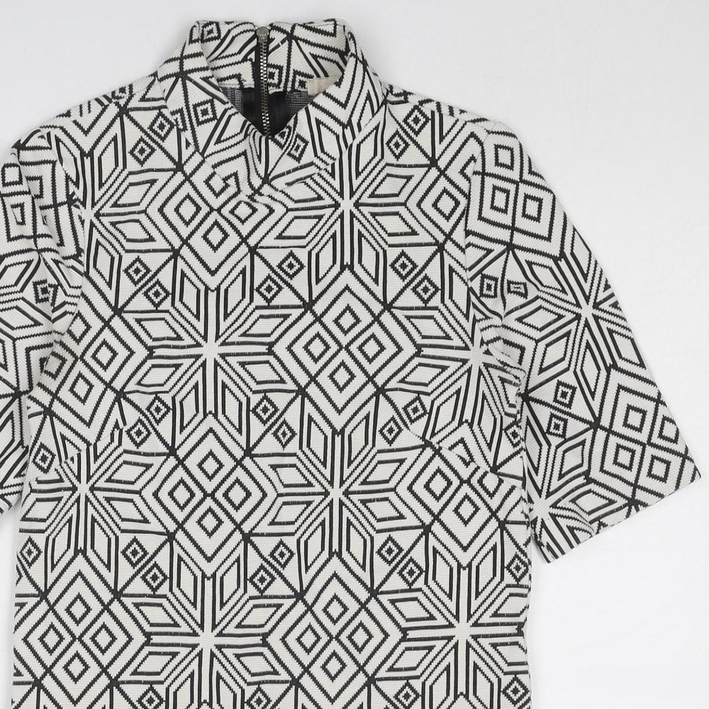 H&M Womens White Geometric Cotton Basic T-Shirt Size 4 High Neck
