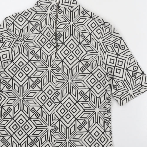 H&M Womens White Geometric Cotton Basic T-Shirt Size 4 High Neck
