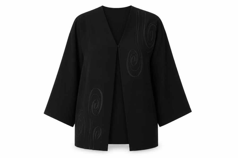 Front view of Next women’s black polyester kimono blouse, size S, v-neck