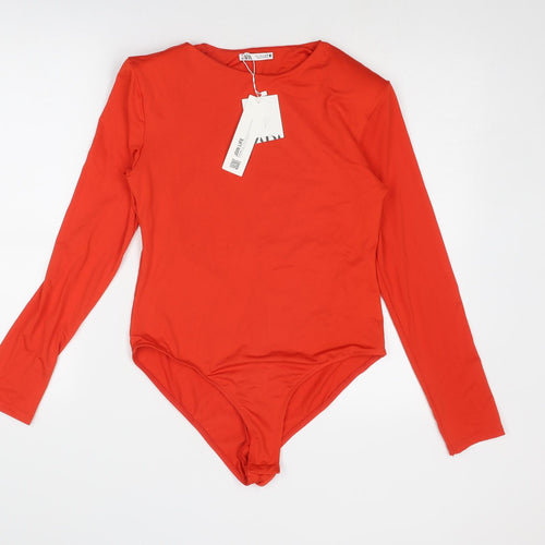 Zara Womens Red Polyester Bodysuit One-Piece Size L Snap