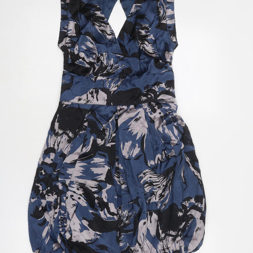 Warehouse Womens Blue Geometric Silk Sheath Size 10 V-Neck Zip