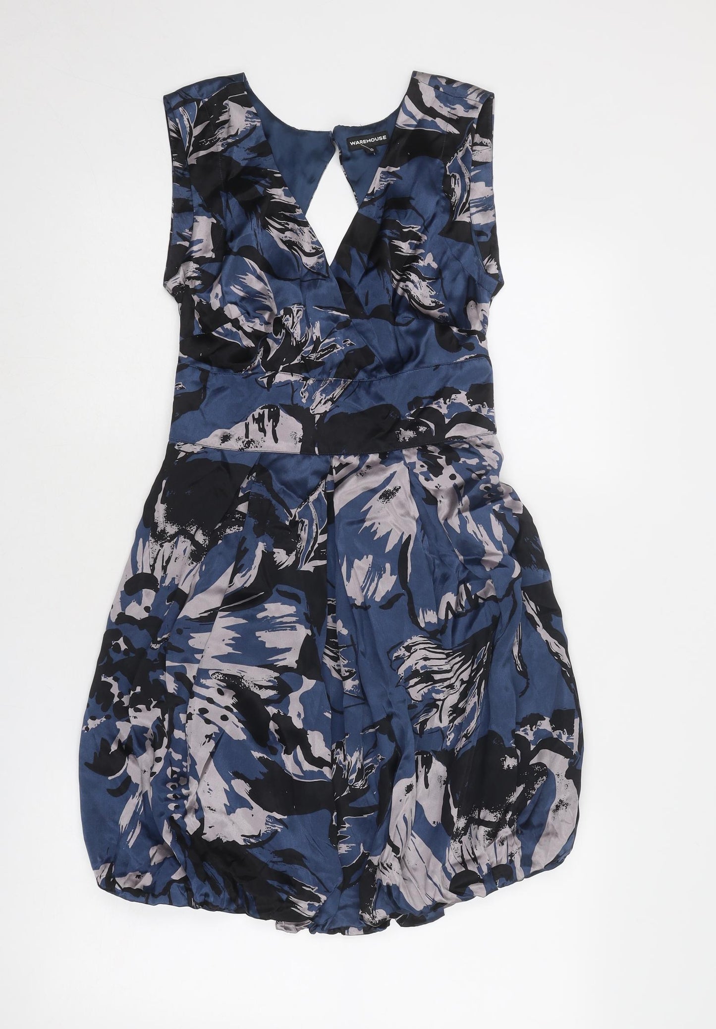 Warehouse Womens Blue Geometric Silk Sheath Size 10 V-Neck Zip