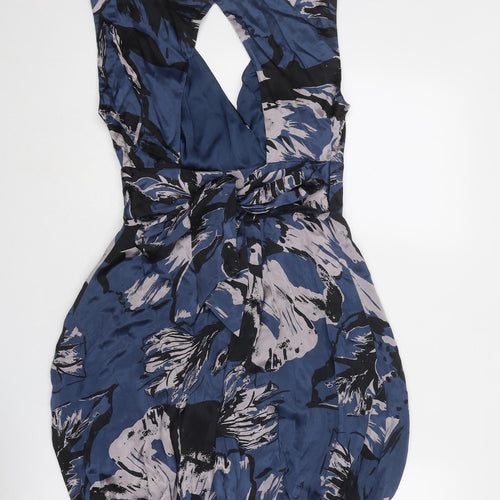 Warehouse Womens Blue Geometric Silk Sheath Size 10 V-Neck Zip