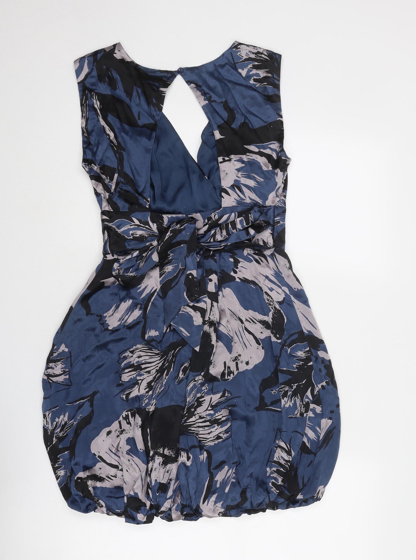 Warehouse Womens Blue Geometric Silk Sheath Size 10 V-Neck Zip