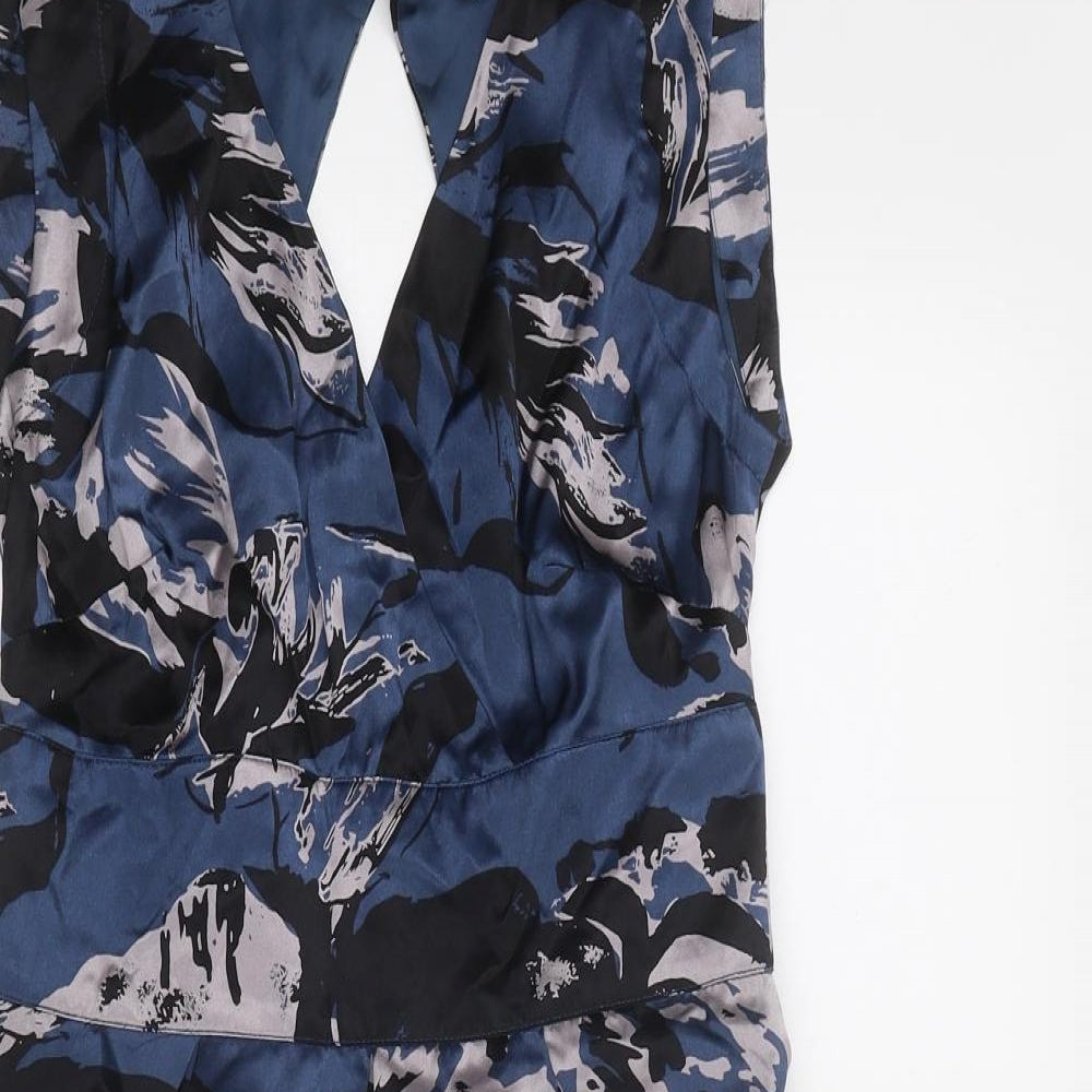 Warehouse Womens Blue Geometric Silk Sheath Size 10 V-Neck Zip