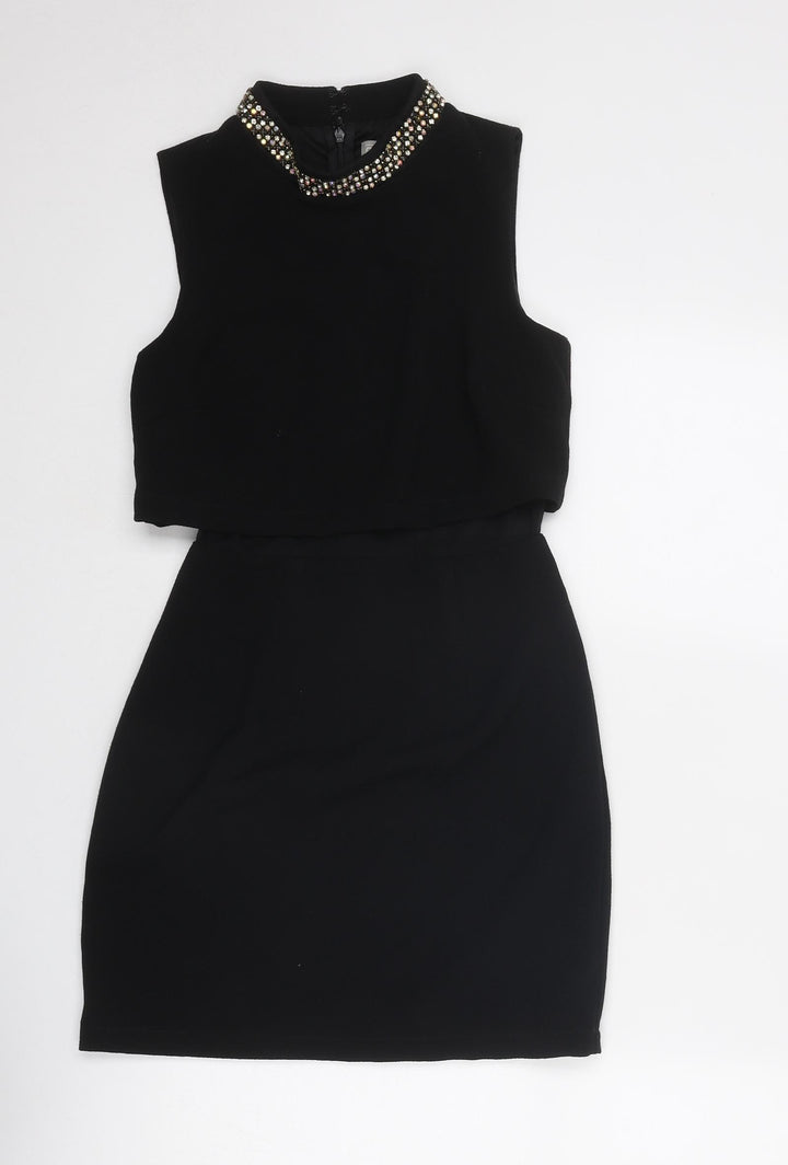 ASOS Womens Black Polyester Shift Size 6 Round Neck Zip - Embellished Neckline