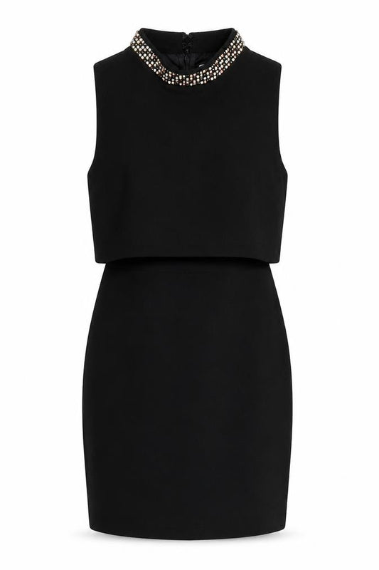 Front view of ASOS women’s black polyester shift, size UK 6, round neck zip - embellished neckline
