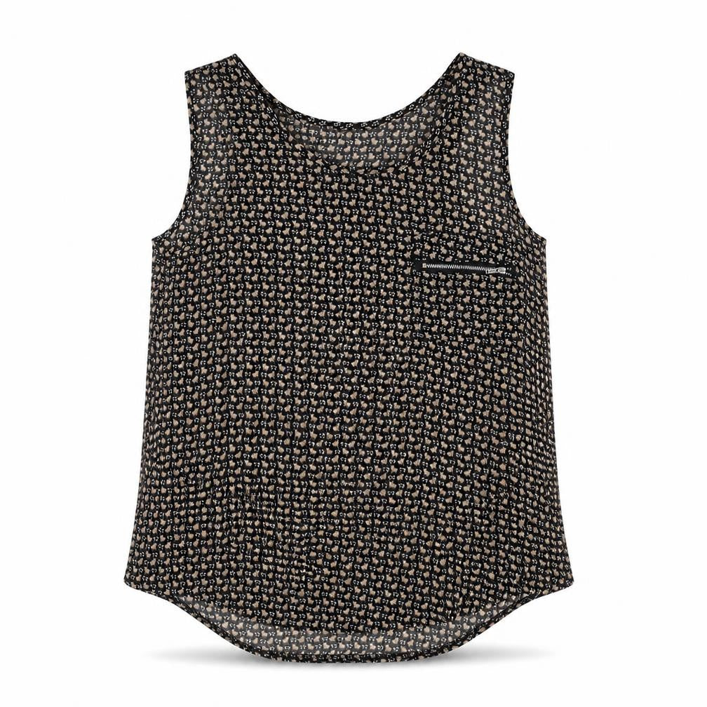 Front view of Cameo Rose women’s black geometric polyester basic tank, size S, scoop neck