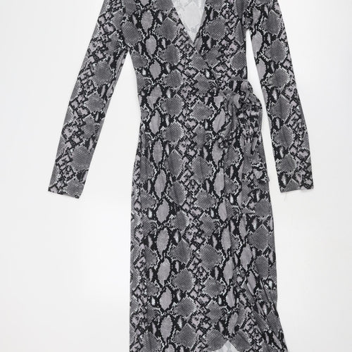 New Look Womens Grey Animal Print Polyester Wrap Dress Size 6 V-Neck Tie - Snake Print