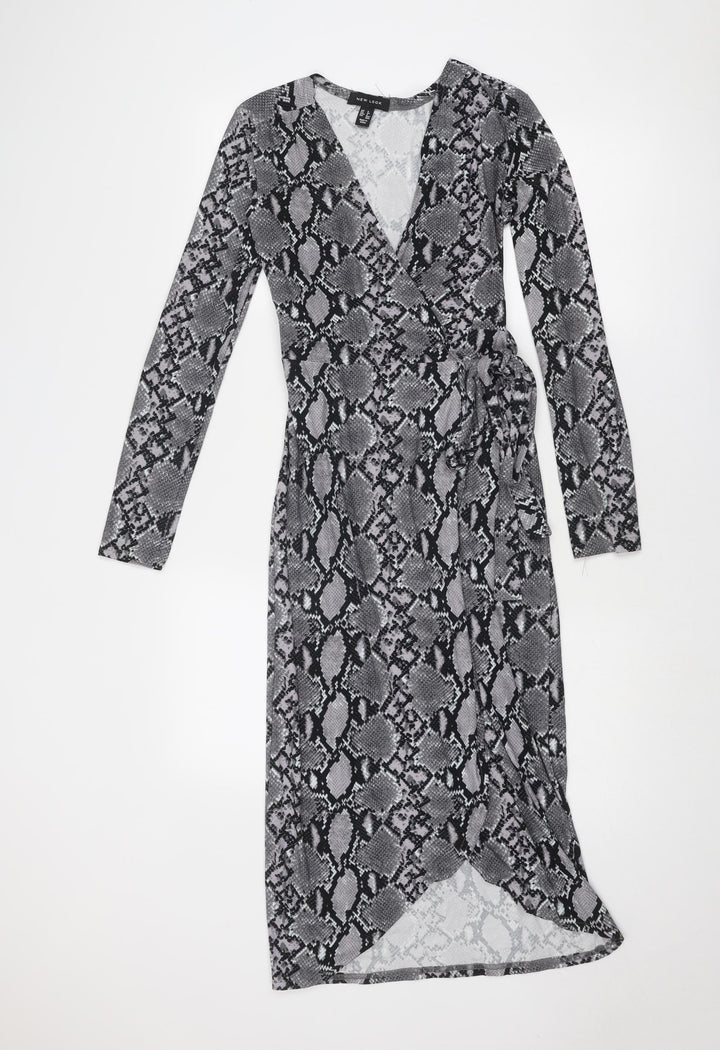 New Look Womens Grey Animal Print Polyester Wrap Dress Size 6 V-Neck Tie - Snake Print