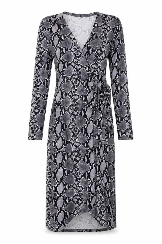 Front view of New Look women’s grey animal print polyester wrap dress, size UK 6, v-neck tie - snake print
