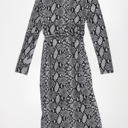 New Look Womens Grey Animal Print Polyester Wrap Dress Size 6 V-Neck Tie - Snake Print