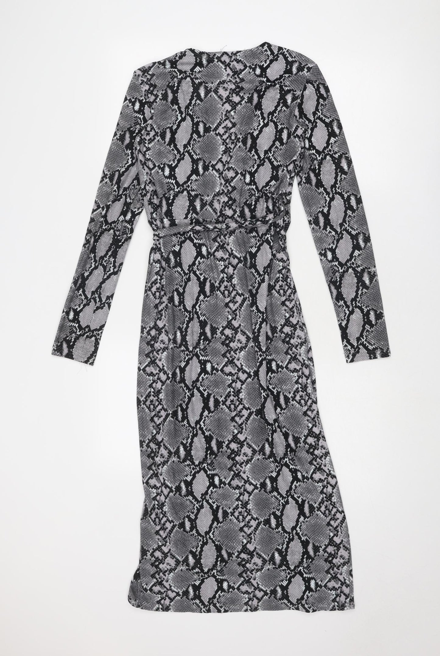 New Look Womens Grey Animal Print Polyester Wrap Dress Size 6 V-Neck Tie - Snake Print