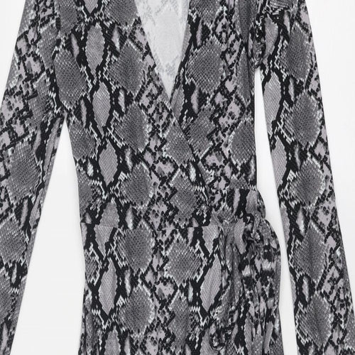 New Look Womens Grey Animal Print Polyester Wrap Dress Size 6 V-Neck Tie - Snake Print