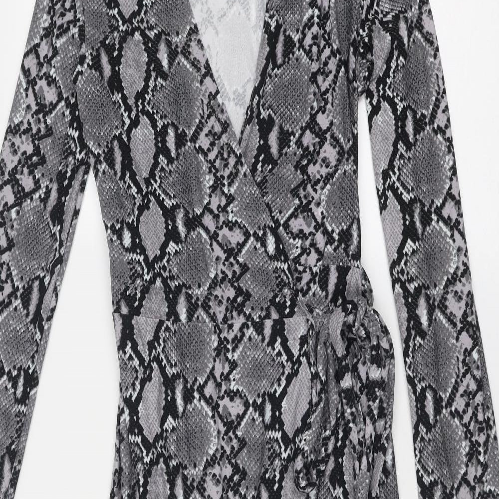 New Look Womens Grey Animal Print Polyester Wrap Dress Size 6 V-Neck Tie - Snake Print