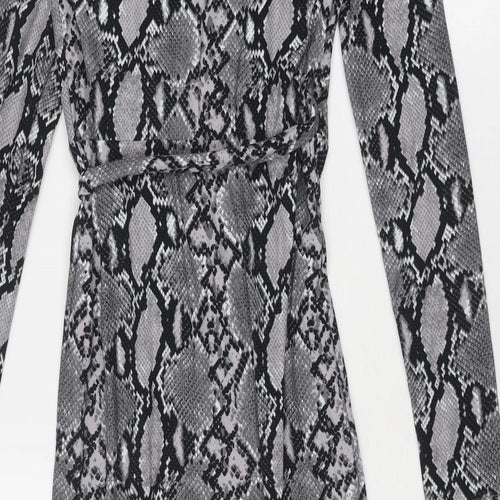 New Look Womens Grey Animal Print Polyester Wrap Dress Size 6 V-Neck Tie - Snake Print
