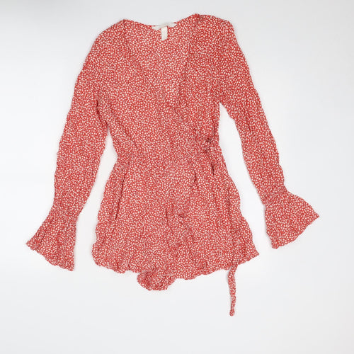 H&M Womens Red Floral Viscose Playsuit One-Piece Size 6 Tie - Wrap Style