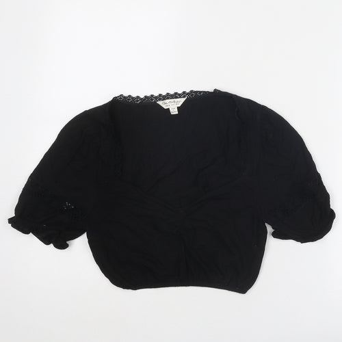 Miss Selfridge Womens Black Cotton Cropped Blouse Size 8 Scoop Neck