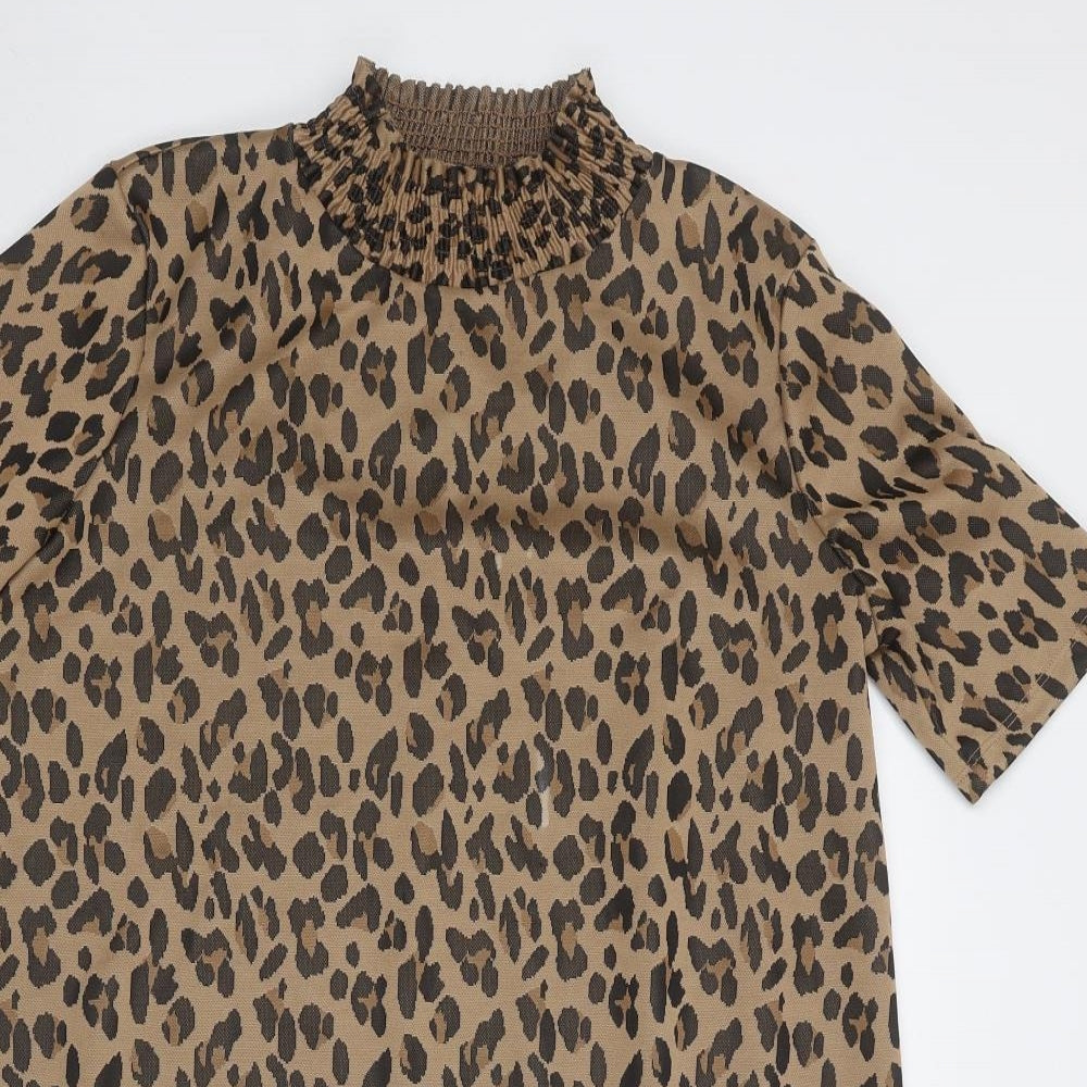 Zara Womens Brown Animal Print Polyester Sheath Size M Mock Neck Pullover - Leopard Print