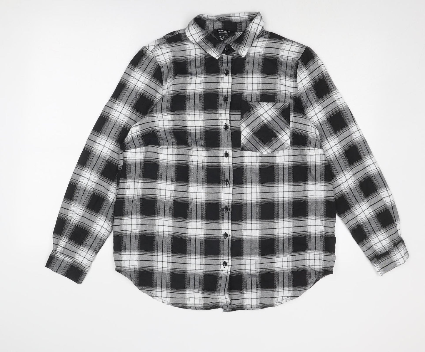 New Look Womens Grey Plaid Cotton Basic Button-Up Size 8 Collared