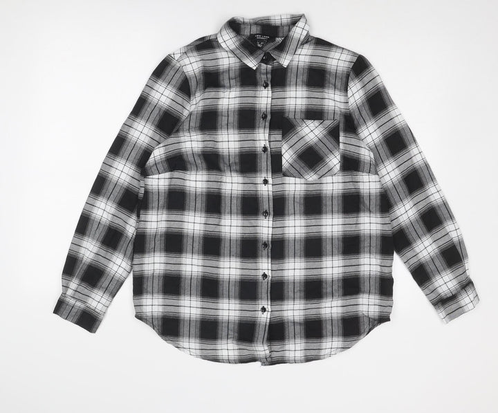 New Look Womens Grey Plaid Cotton Basic Button-Up Size 8 Collared