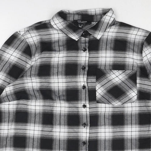 New Look Womens Grey Plaid Cotton Basic Button-Up Size 8 Collared