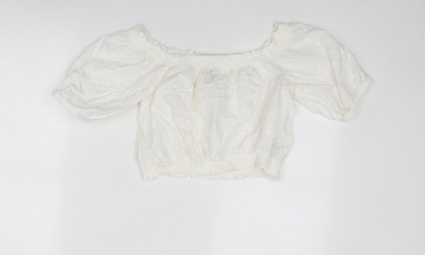 Divided by H&M Womens White Cotton Cropped Blouse Size S Boat Neck