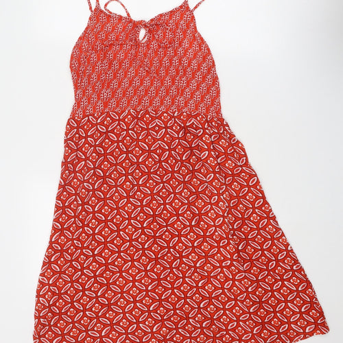 Saffron Spice Womens Red Geometric Viscose A-Line Size XS Round Neck Tie