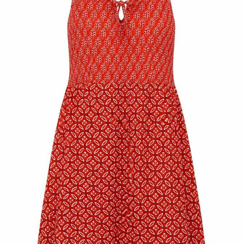Saffron Spice Womens Red Geometric Viscose A-Line Size XS Round Neck Tie