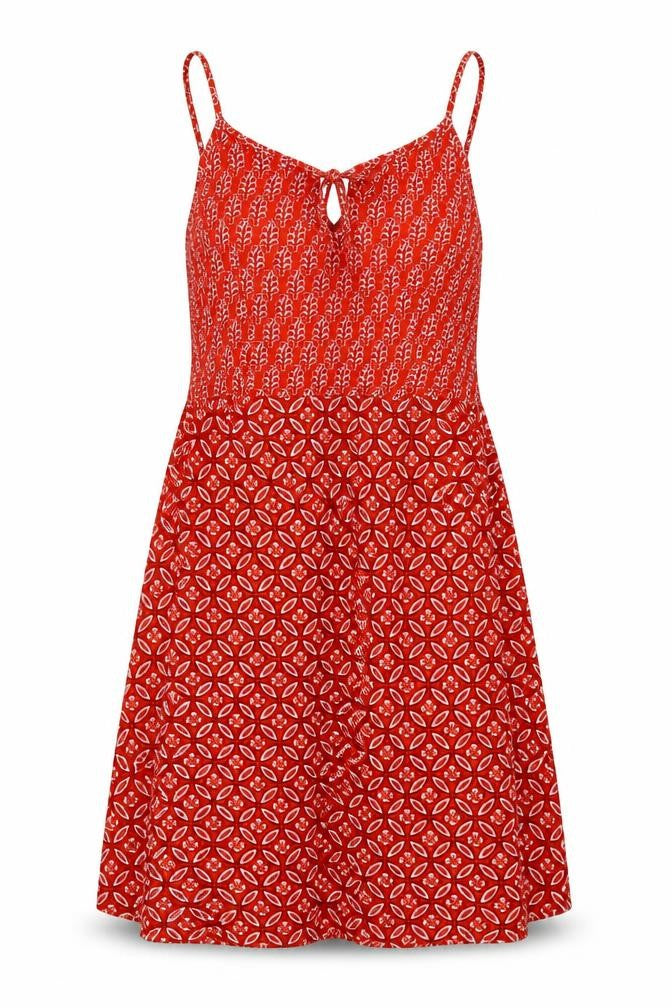 Saffron Spice Womens Red Geometric Viscose A-Line Size XS Round Neck Tie