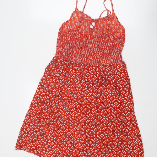 Saffron Spice Womens Red Geometric Viscose A-Line Size XS Round Neck Tie