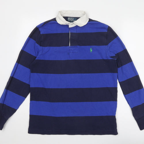 Polo Ralph Lauren Mens Blue Striped Cotton Polo Size M Collared Button