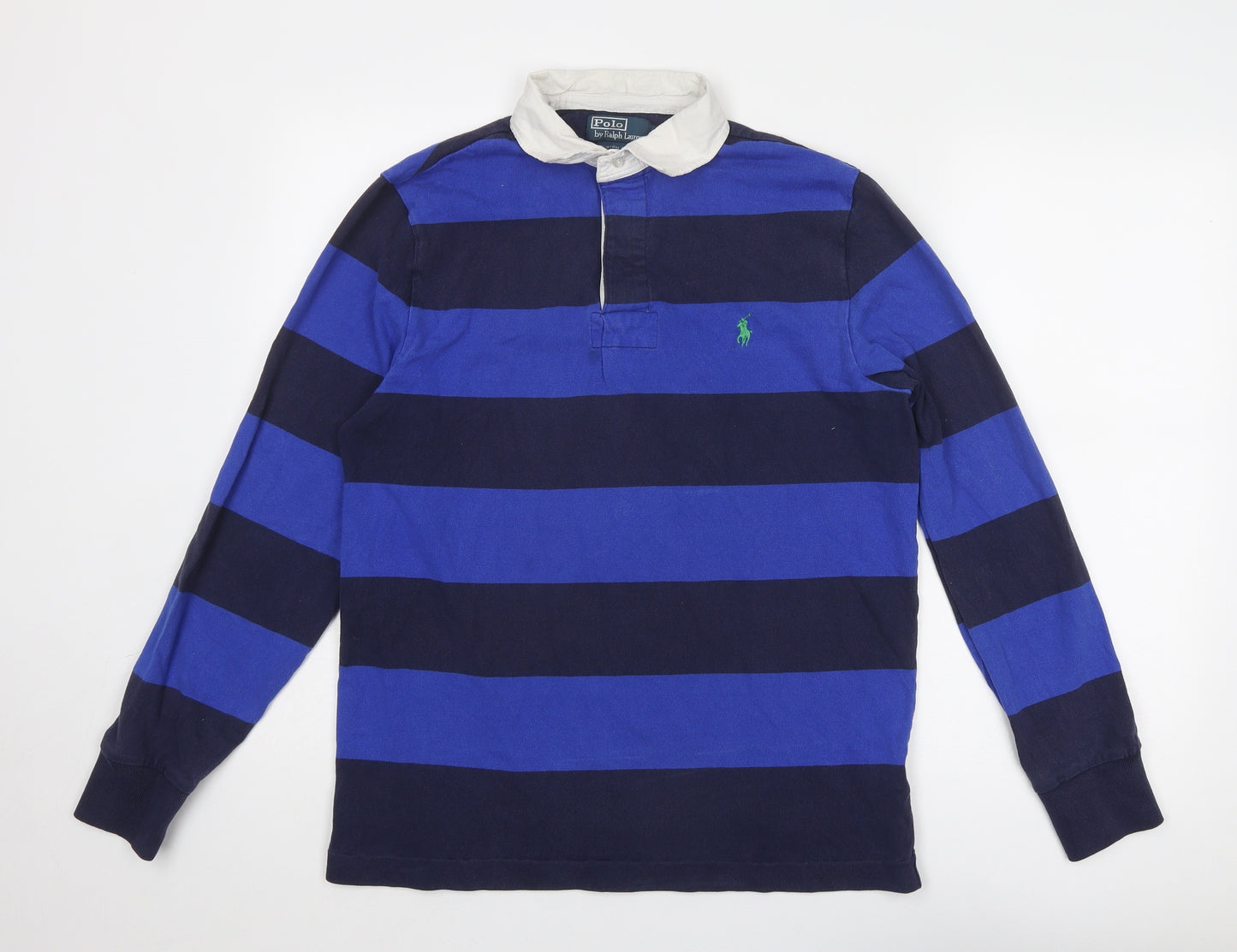 Polo Ralph Lauren Mens Blue Striped Cotton Polo Size M Collared Button
