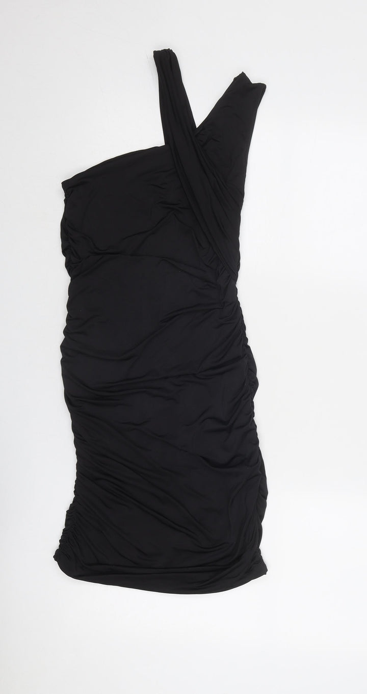 Stradivarius Womens Black Polyester Bodycon Size M Round Neck Pullover - Asymmetric Neckline