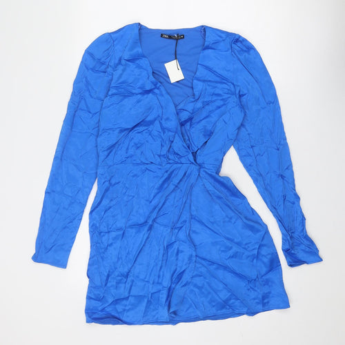 Zara Womens Blue Viscose Mini Size M V-Neck Hook & Eye