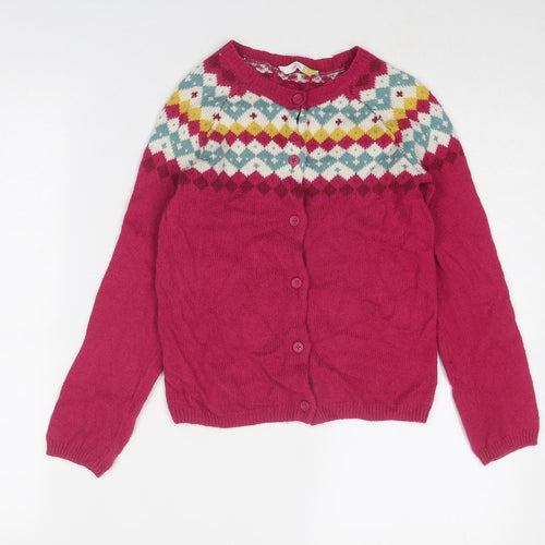 John Lewis Girls Pink Round Neck Geometric Cotton Cardigan Jumper Size 9 Years Button