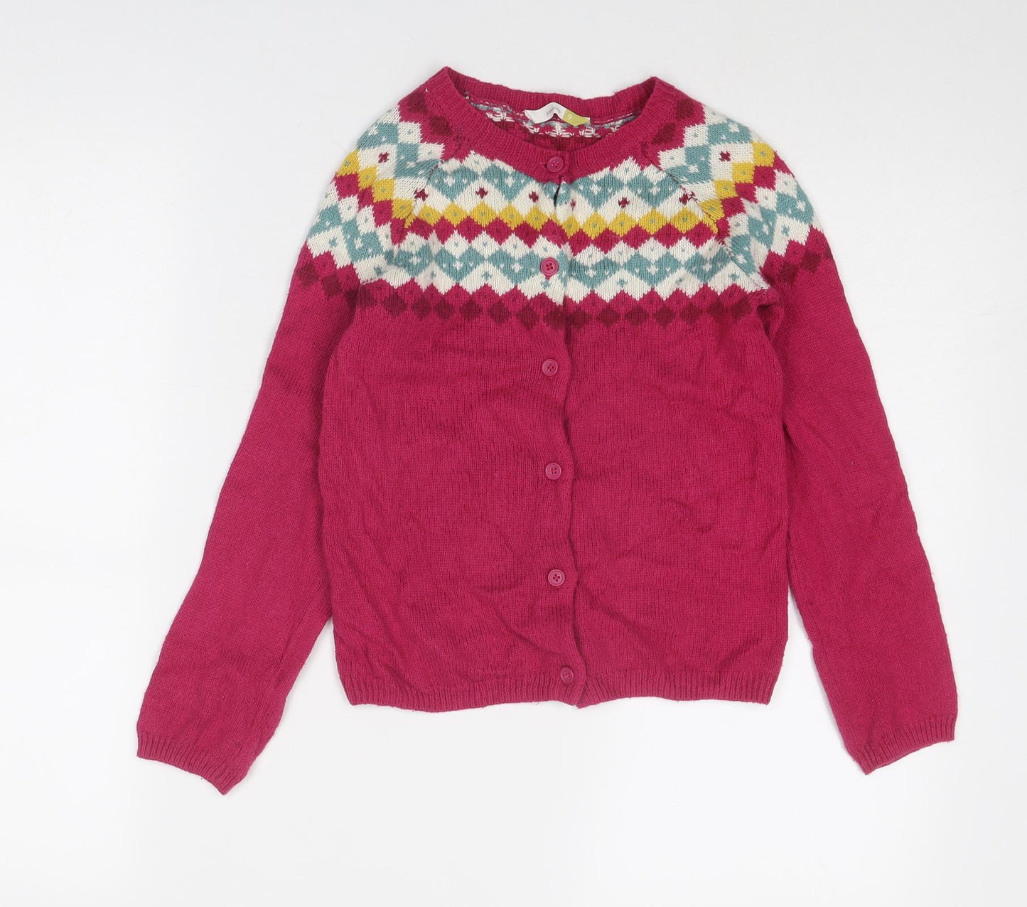 John Lewis Girls Pink Round Neck Geometric Cotton Cardigan Jumper Size 9 Years Button