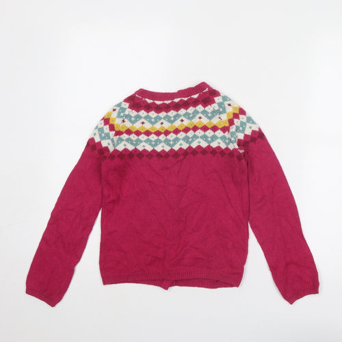 John Lewis Girls Pink Round Neck Geometric Cotton Cardigan Jumper Size 9 Years Button