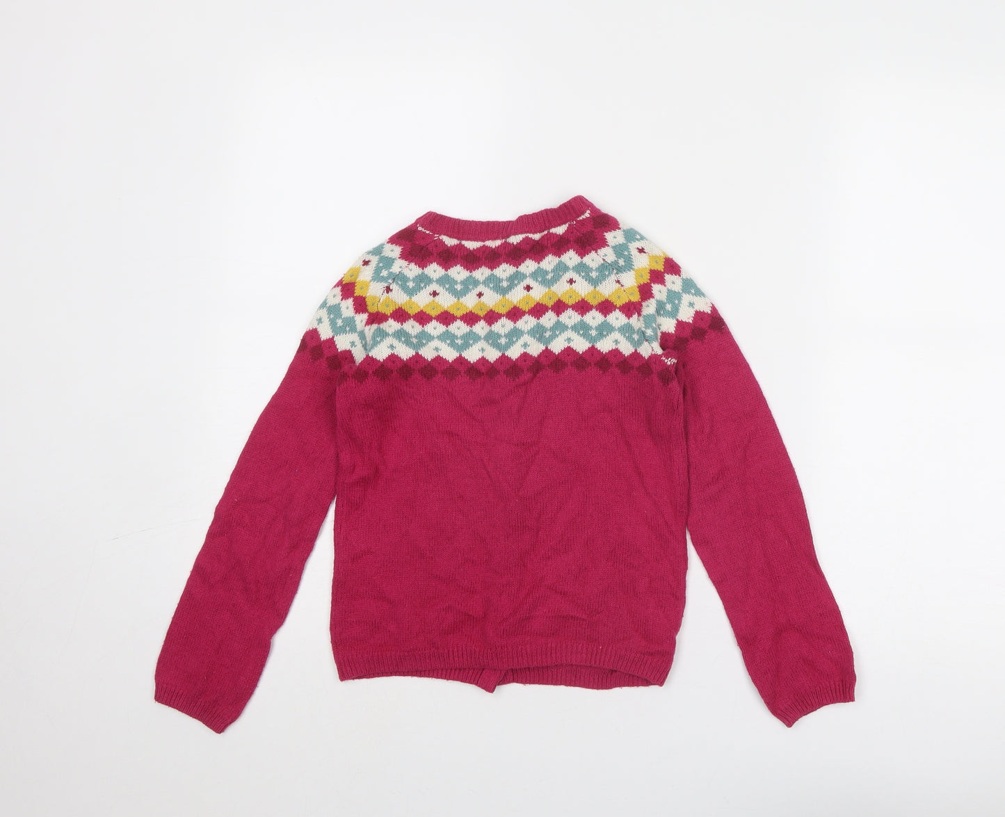 John Lewis Girls Pink Round Neck Geometric Cotton Cardigan Jumper Size 9 Years Button